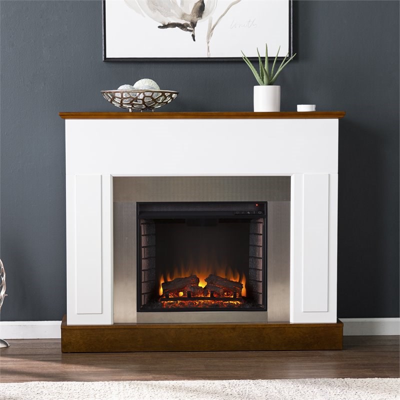 SEI Furniture Eastrington Electric Fireplace in White/Dark Tobacco/Nickel