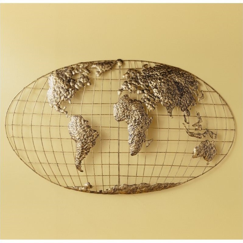 SEI Furniture Iron World Map Wall Art in Gold Brushed Finish