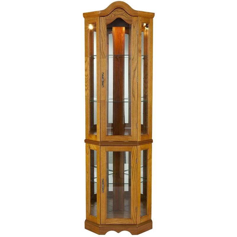 SEI Furniture Riley Lighted Corner Curio Cabinet in Golden Oak
