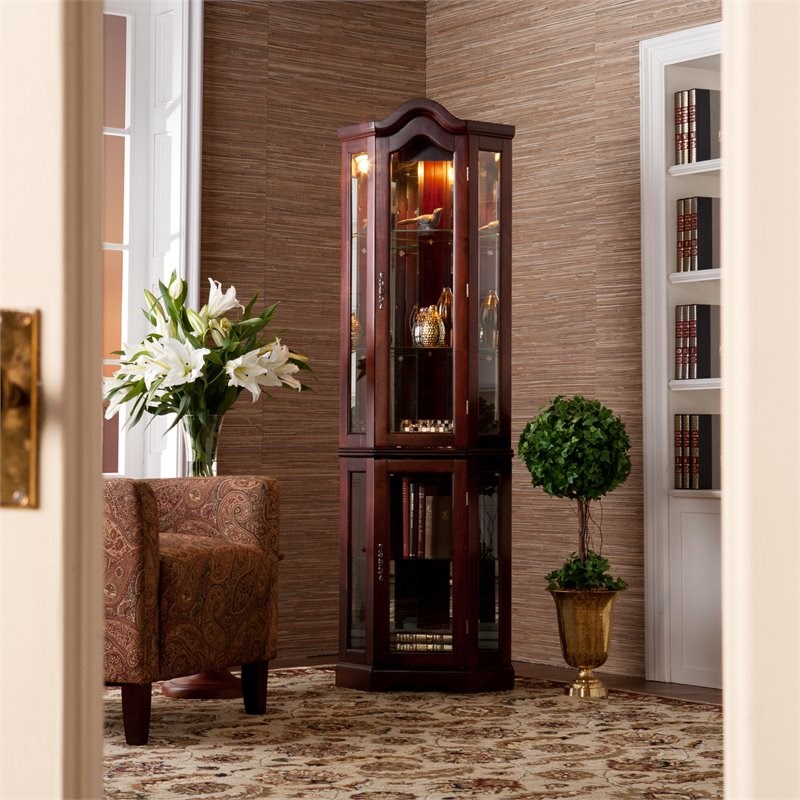 SEI Furniture Mahogany Lighted Corner Curio Cabinet