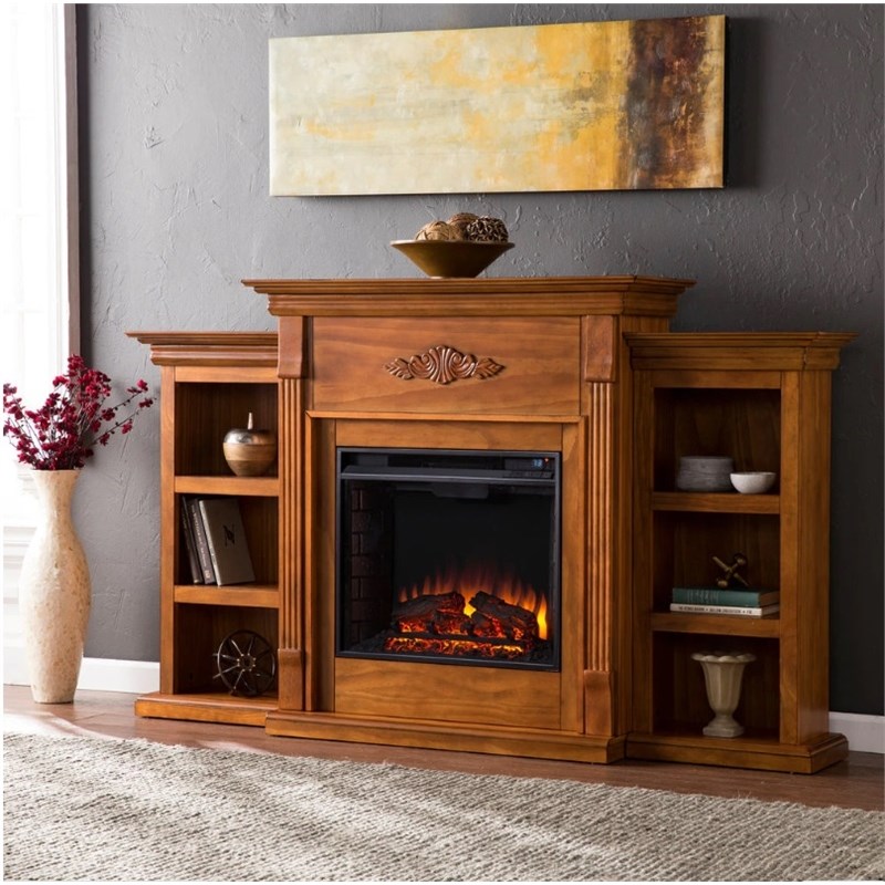 SEI Furniture Fredricksburg Wood Electric Fireplace with Bookcases in Natural