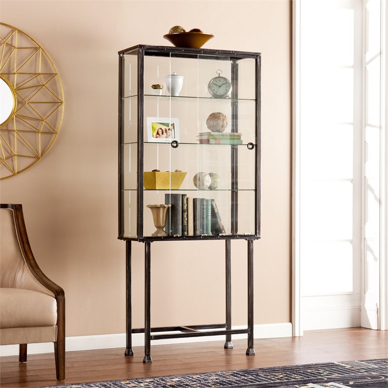 SEI Furniture Metal-Glass Sliding Door Display Cabinet in Black