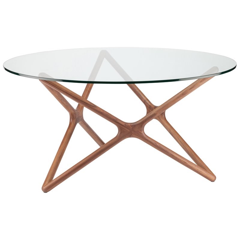 Nuevo Star Contemporary Ash Wood & Glass Dining Table in Matte Walnut/Clear