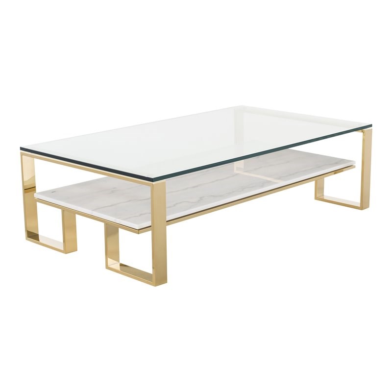 Nuevo Tierra Marble Stone & Metal Coffee Table in Polished White/Polished Gold