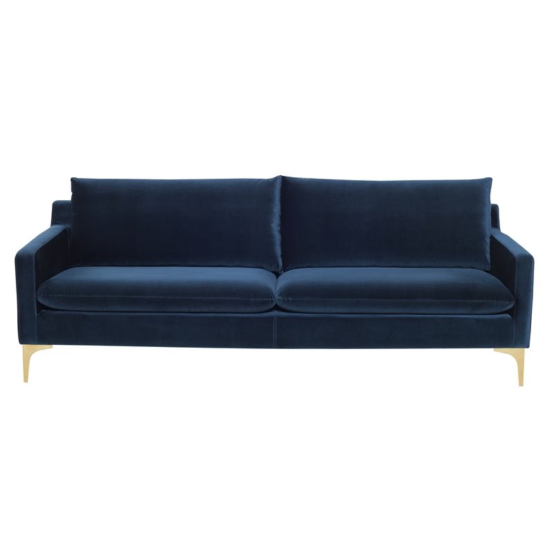 Nuevo Anders Fabric & Metal Triple Seat Sofa in Matte Midnight Blue/Brushed Gold