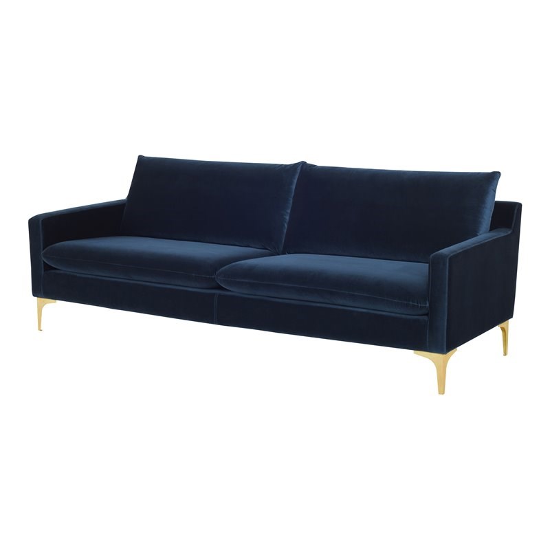Nuevo Anders Fabric & Metal Triple Seat Sofa in Matte Midnight Blue/Brushed Gold