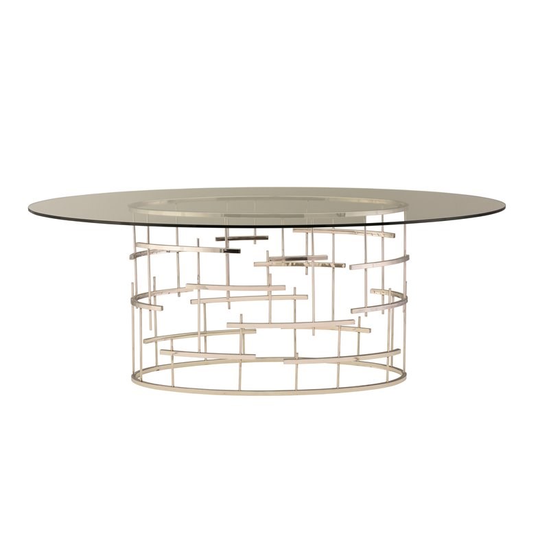 Nuevo Oval Stainless Steel & Glass Dining Table in Polished Silver/Clear