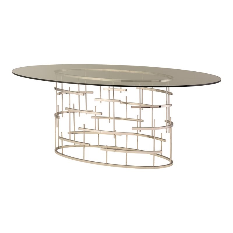 Nuevo Oval Stainless Steel & Glass Dining Table in Polished Silver/Clear