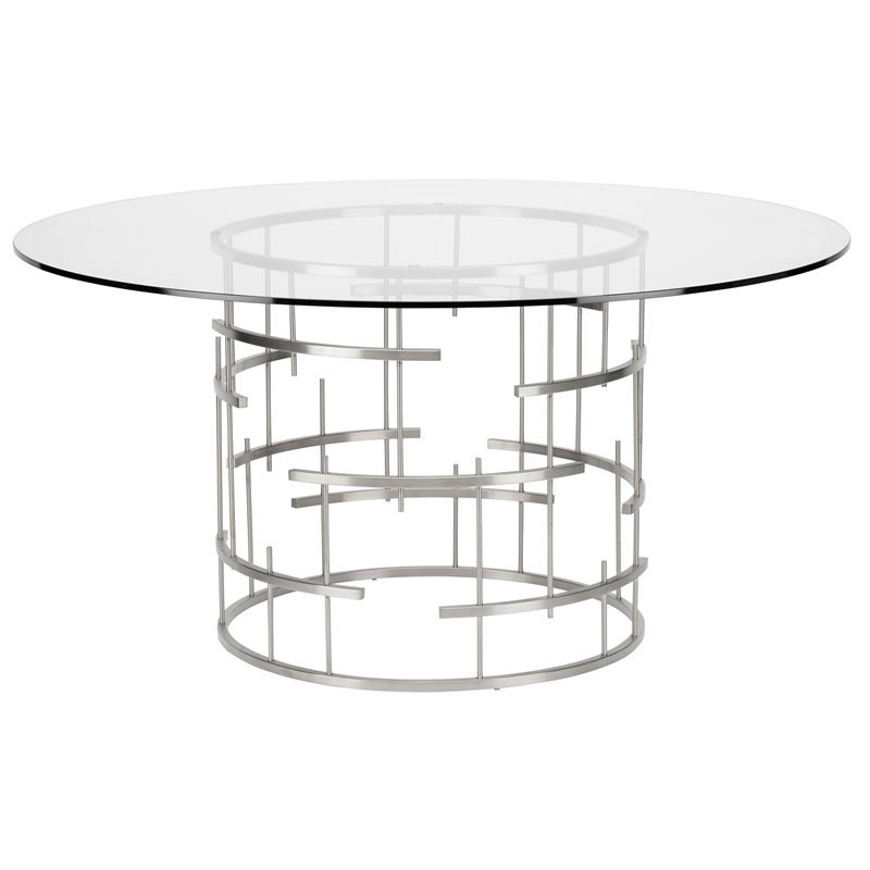 Nuevo Round Stainless Steel/Glass Dining Table in Polished Silver/Clear