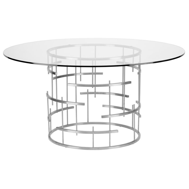 Nuevo Round Stainless Steel/Glass Dining Table in Polished Silver/Clear