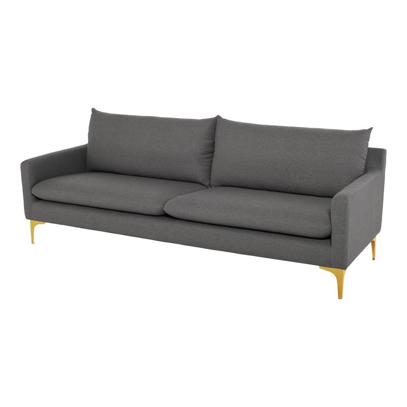 Nuevo Anders Fabric & Metal Triple Seat Sofa in Slate Gray/Brushed Gold