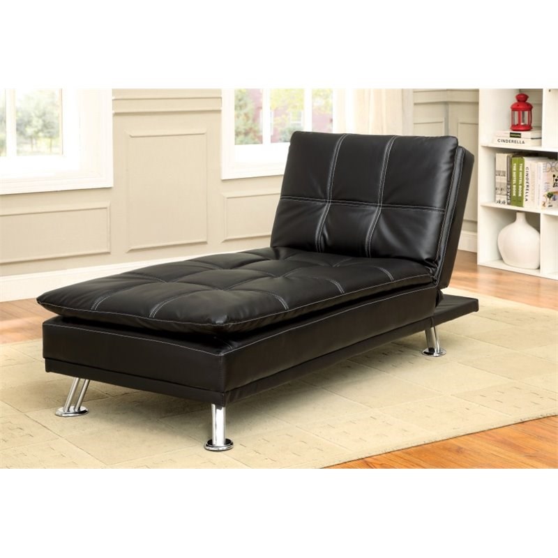 Furniture of America Halston Tufted Faux Leather Chaise Lounge in Black