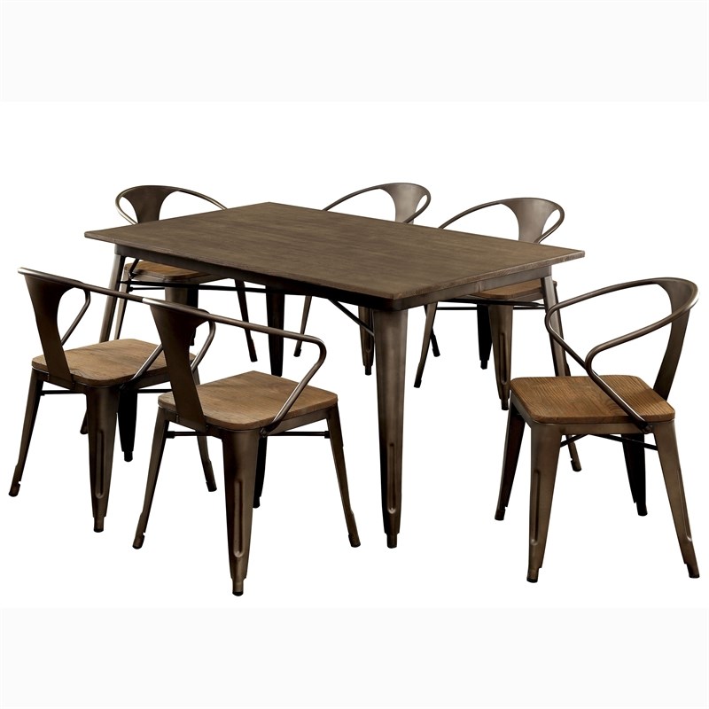 Furniture of America Mayfield Industrial Metal 7-Piece Dining Set in Natural Elm