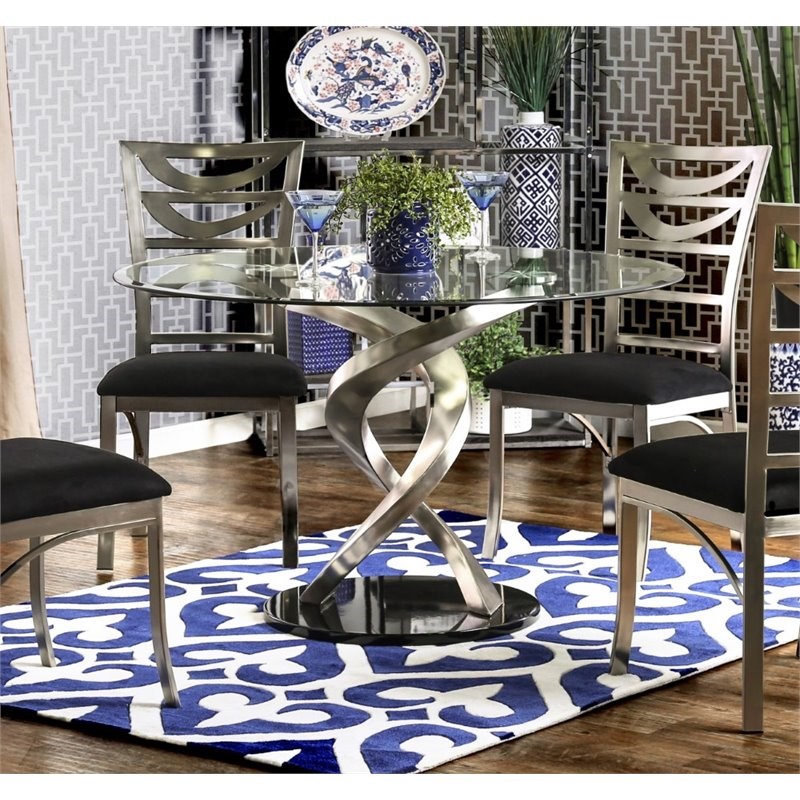 Furniture Of America Halliway Glass Top Round Dining Table In Silver Homesquare 