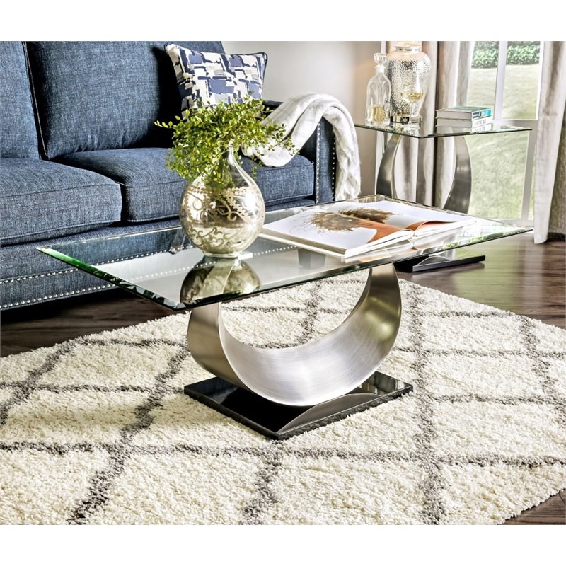 Furniture of America Suse Contemporary Glass Top Coffee Table in Satin Plated