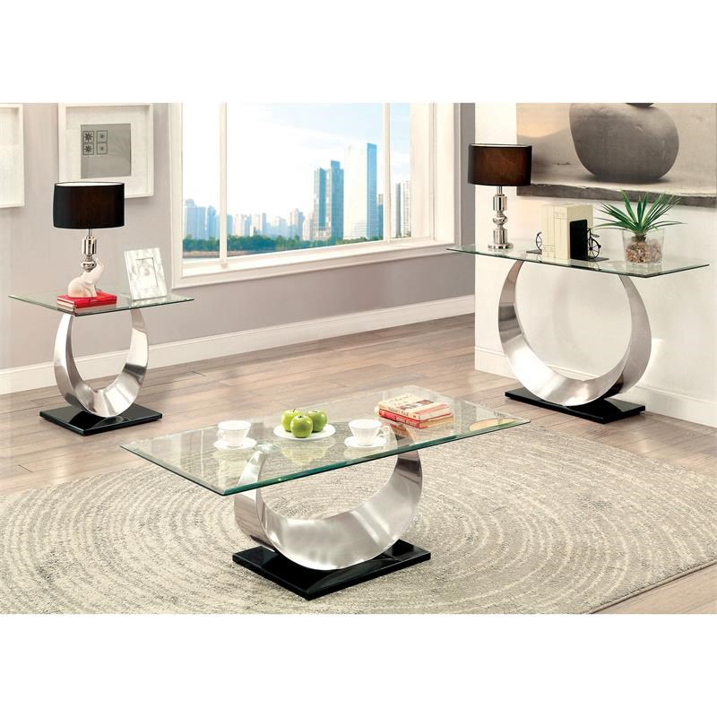 Furniture of America Suse Glass Top End Table in Silver Satin Plated