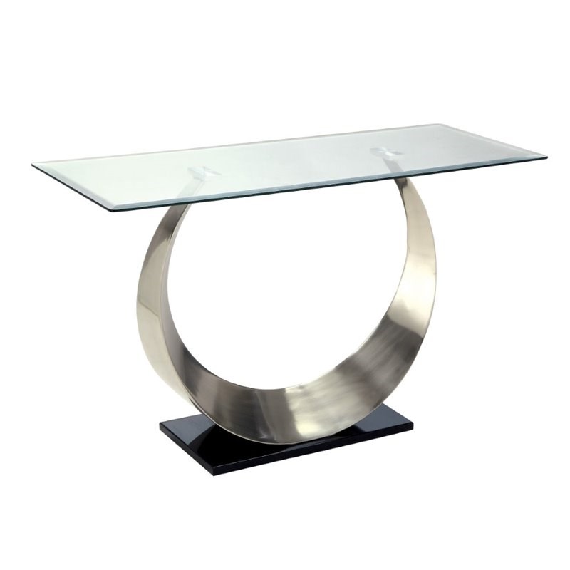 Furniture of America Suse Glass Top Console Table in Silver Satin Plated