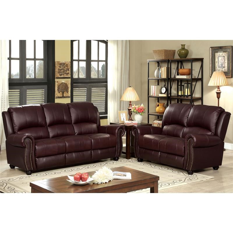 Furniture of America Garry Transitional Leather Sofa in Brown