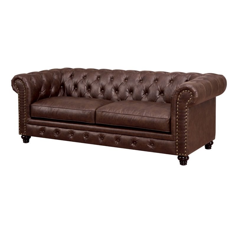 Furniture of America Villa Traditional Faux Leather Tufted Sofa in Brown
