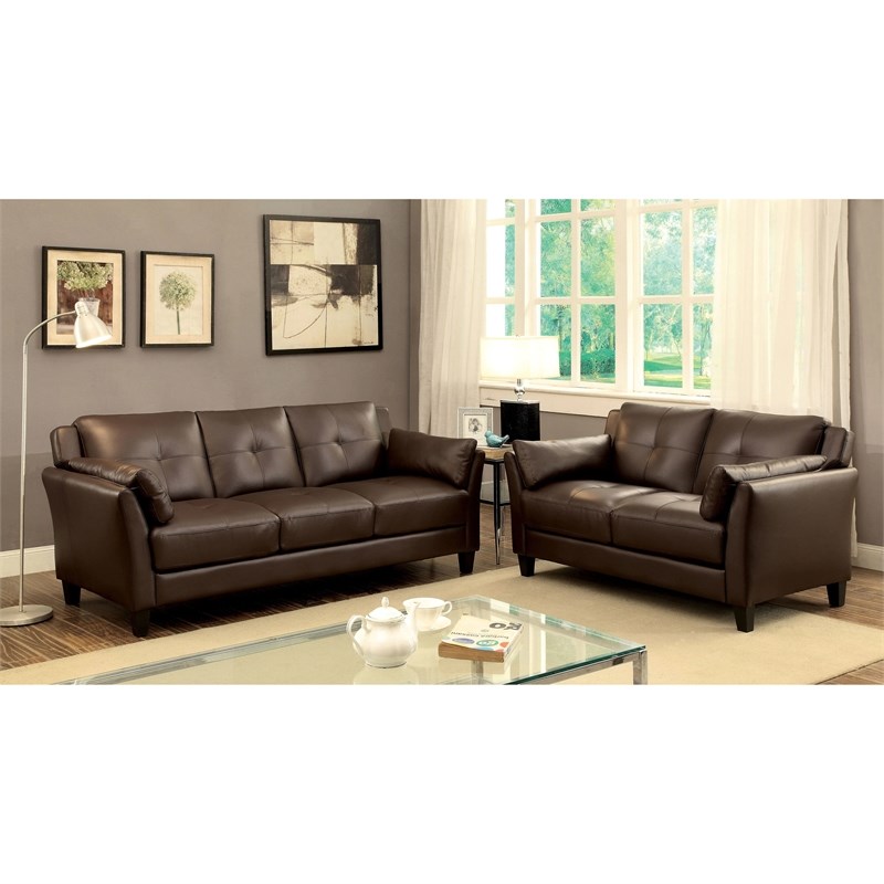 Furniture of America Tonia Contemporary Faux Leather Tufted Loveseat in Brown