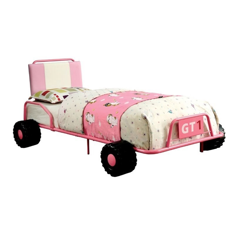 Furniture of America Ramirez Novelty Metal Twin Race Car Bed in Pink