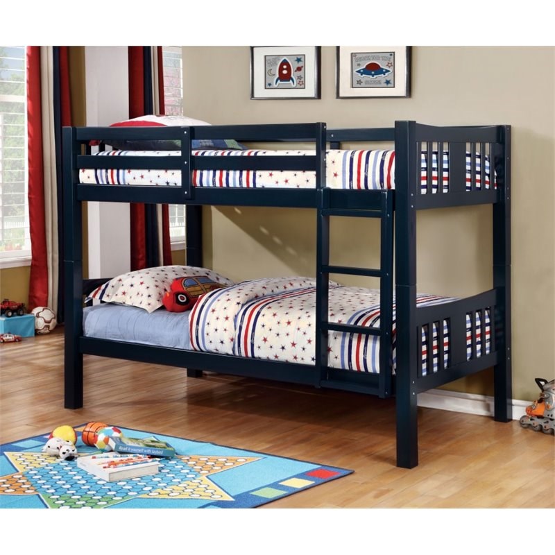 Furniture of America Edith Wood Twin over Twin Bunk Bed in Dark Blue