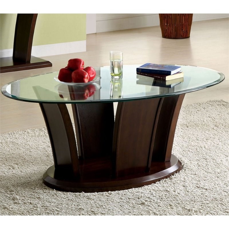 Furniture of America Lantler Oval Glass Top Coffee Table in Dark Cherry