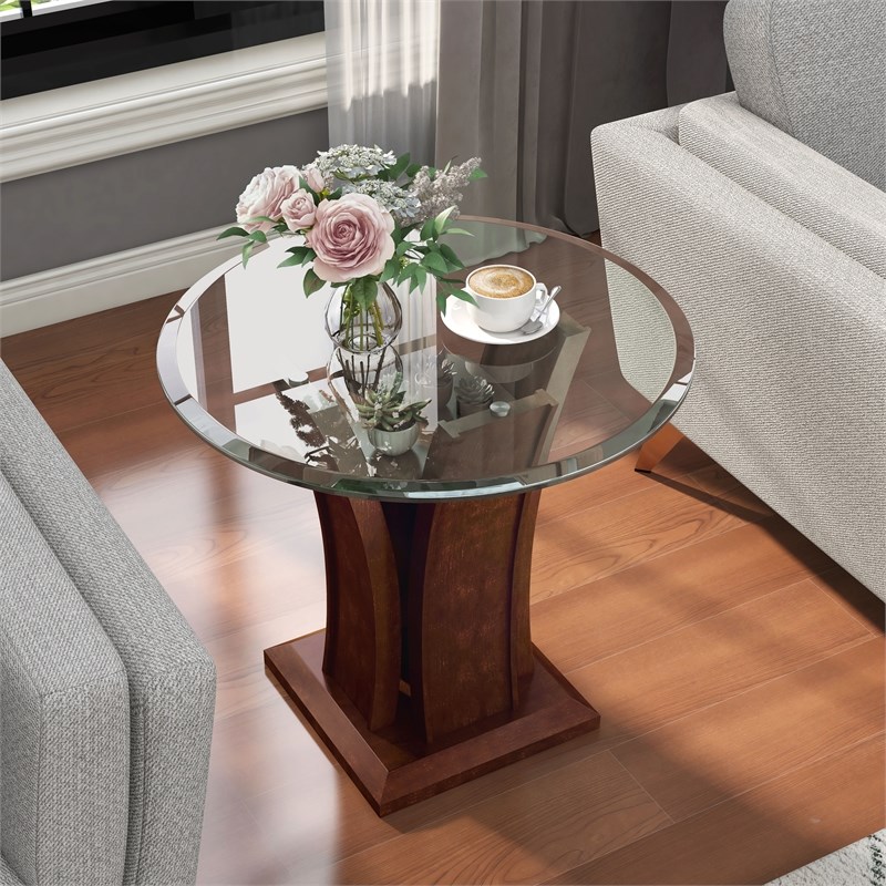 Furniture of America Lantler Round Glass Top End Table in Dark Cherry