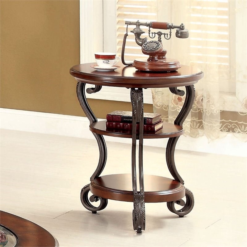 Furniture of America Azea Traditional Wood 2-Shelf Side Table Brown Cherry