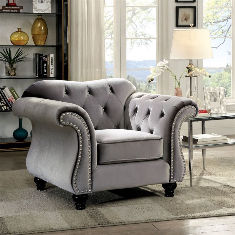Furniture of America Basonne 3piece Fabric Tufted Sofa Set in Gray