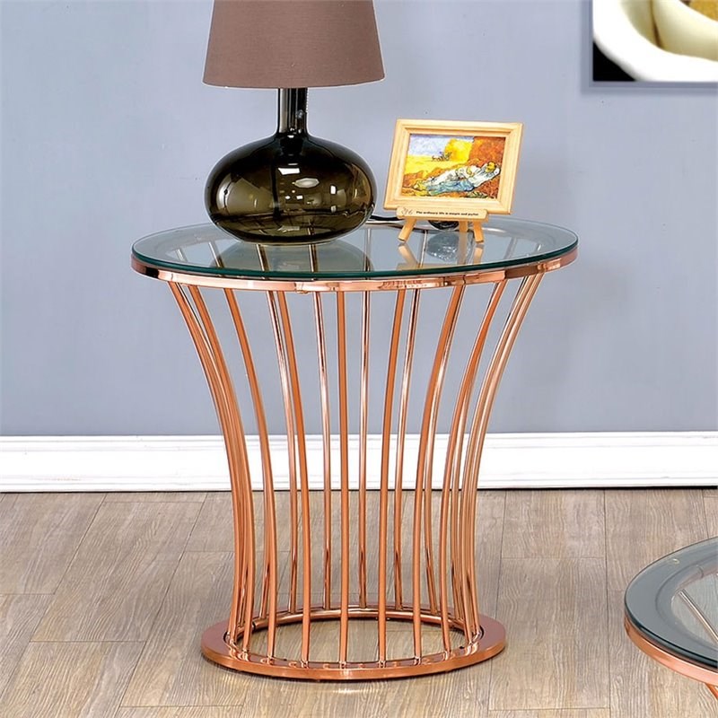 Furniture of America Depoy Contemporary Glass Top End Table in Rose Gold