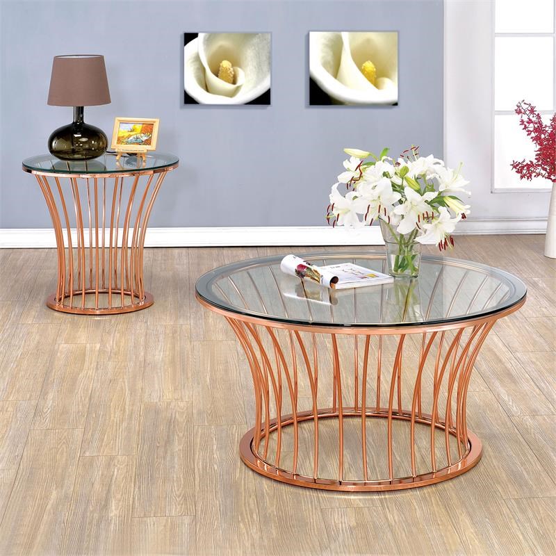 Furniture of America Depoy Contemporary Glass Top End Table in Rose Gold