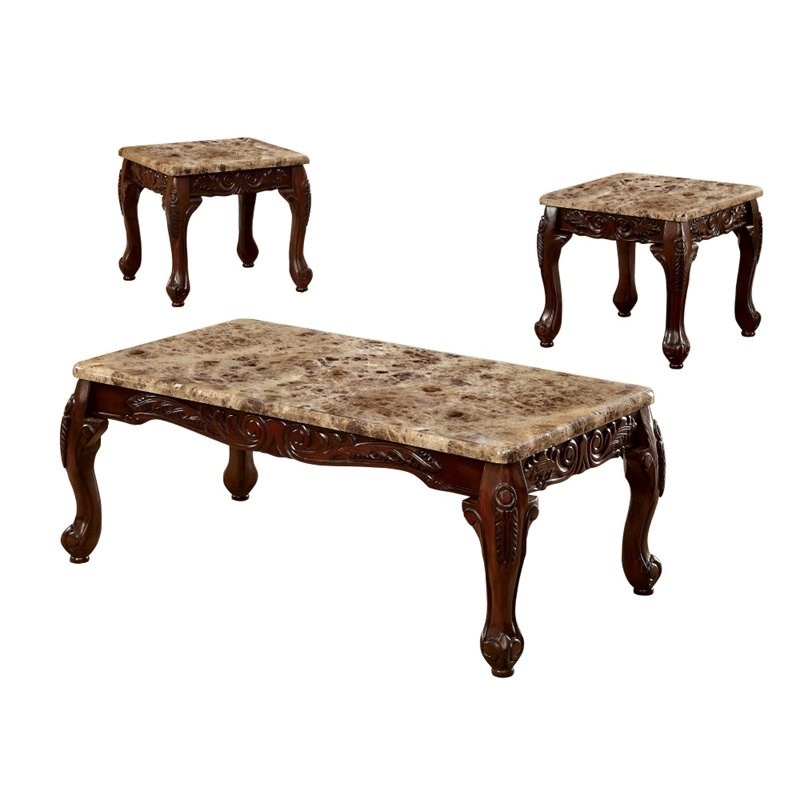 Furniture of America Burseel Wood 3-Piece Coffee Table Set in Dark Oak and Ivory