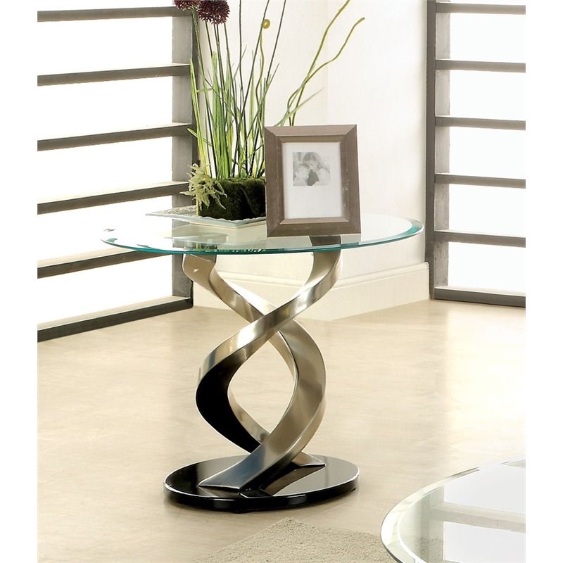 Furniture of America Crook Stainless Steel End Table in Silver Satin Plated