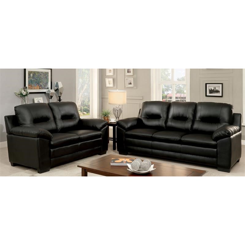 Furniture of America Pallan Contemporary Faux Leather Tufted Sofa in Black