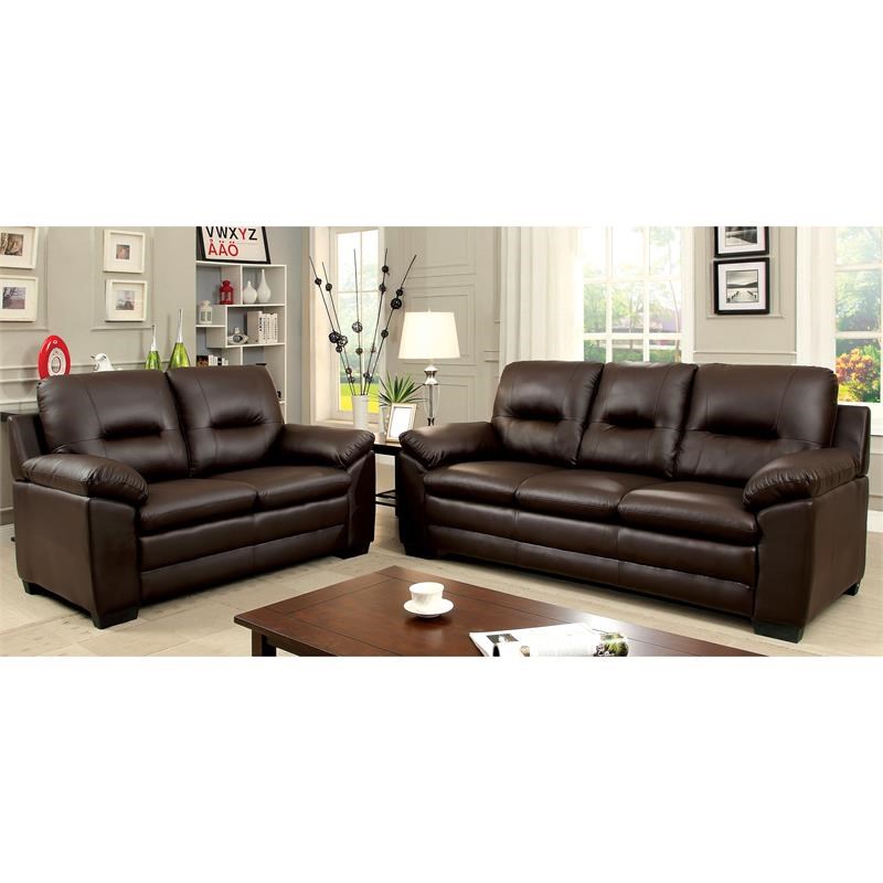Furniture of America Pallan Contemporary Faux Leather Tufted Sofa in Brown