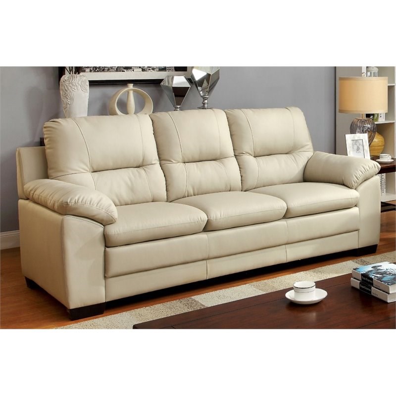 Furniture of America Pallan Contemporary Faux Leather Tufted Sofa in Ivory