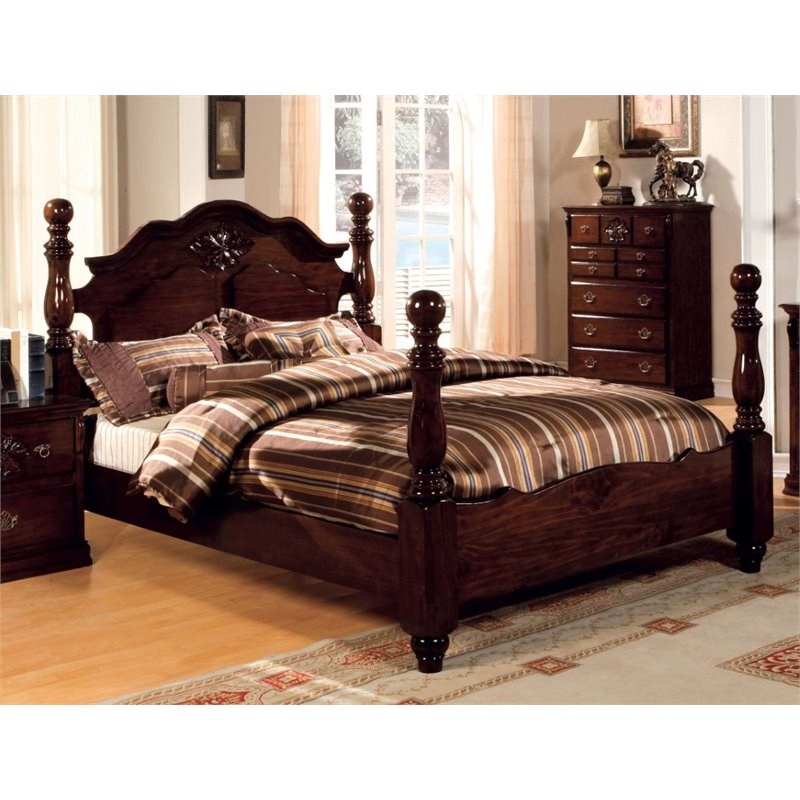 Furniture of America Hemps Solid Wood Four-Poster California King Bed in Brown