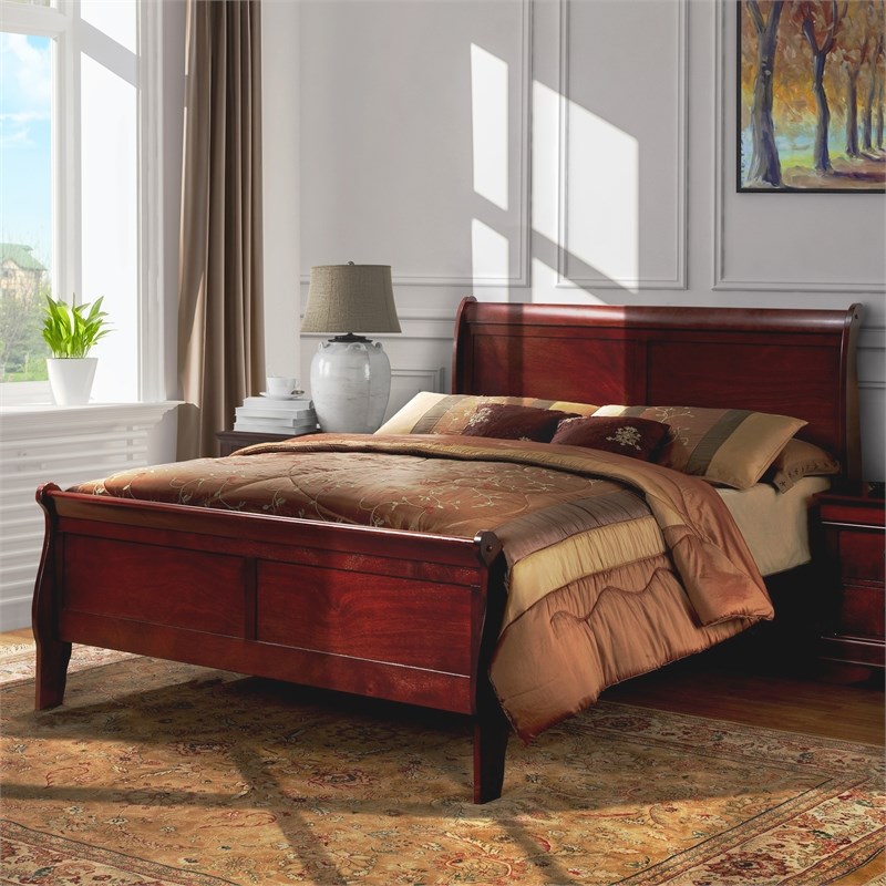 Furniture of America Brodus Solid Wood Panel Sleigh Queen Bed in Cherry ...