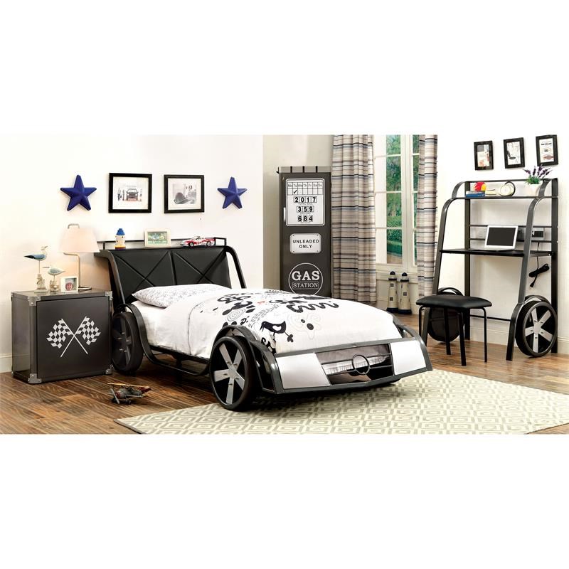Furniture of America Sainz Metal Twin Racecar Bed in Gun Metal and Silver