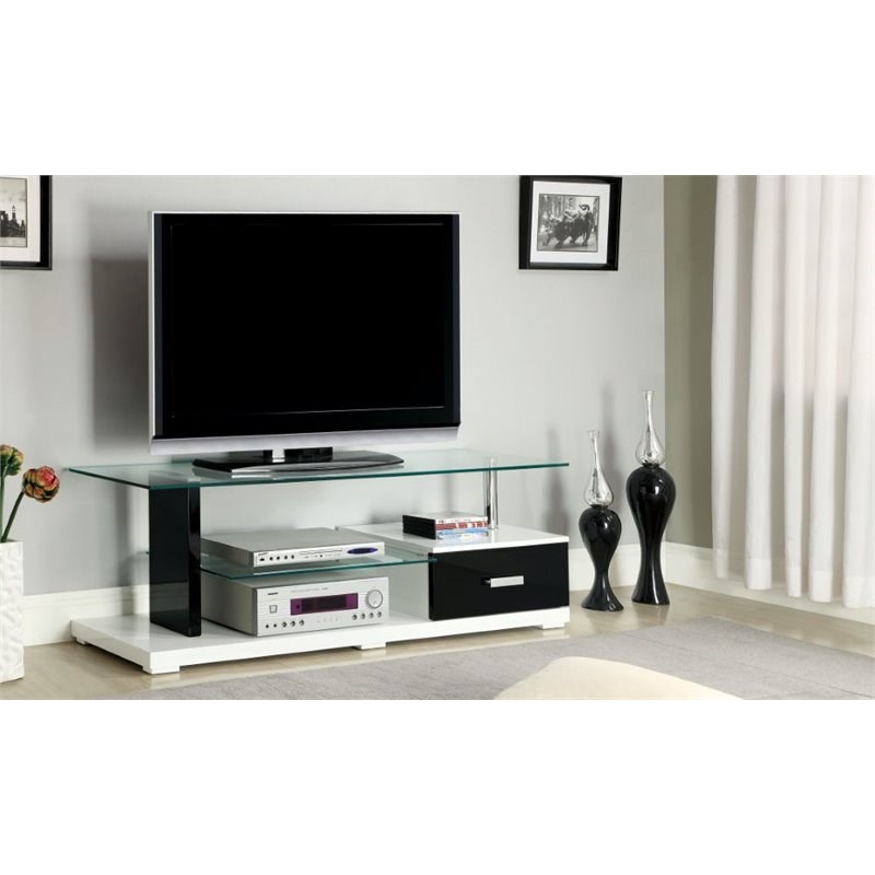 Furniture of America Seline Contemporary Glass Top TV Stand in White and Black