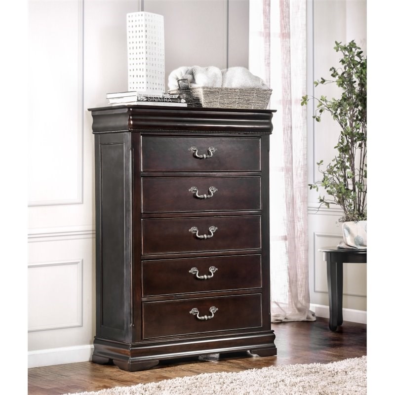 Furniture of America Ruben Traditional Solid Wood 5-Drawer Chest in Cherry