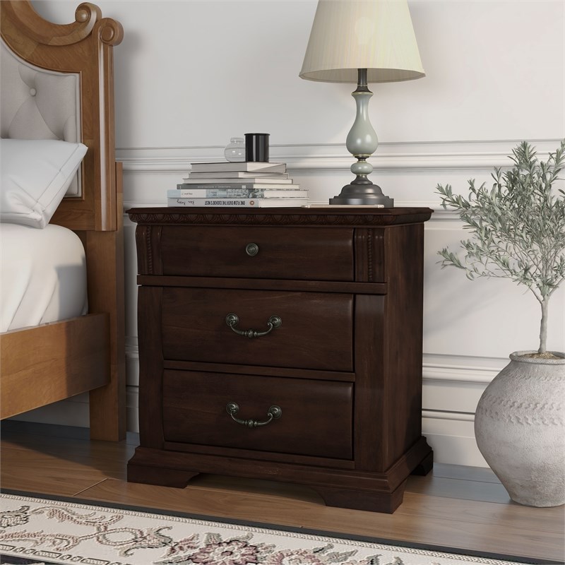 Furniture of America Oulette Transitional Wood 3-Drawer Nightstand in Cherry