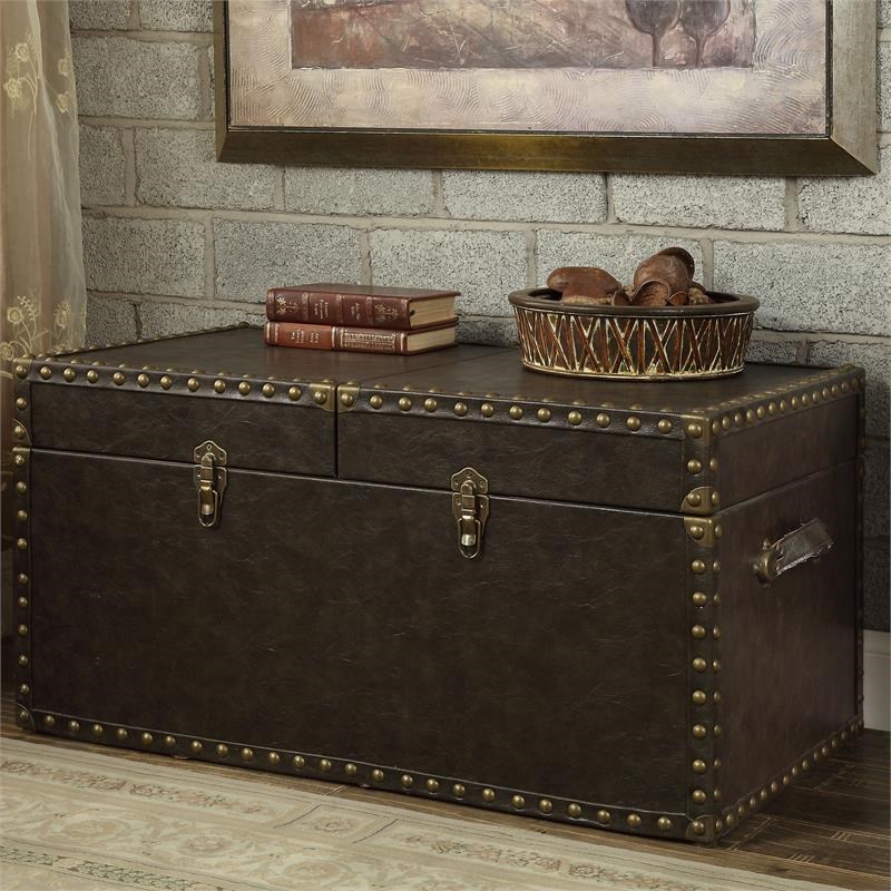Furniture of America Lange Faux Leather Trunk Accent Table in Antique Brown