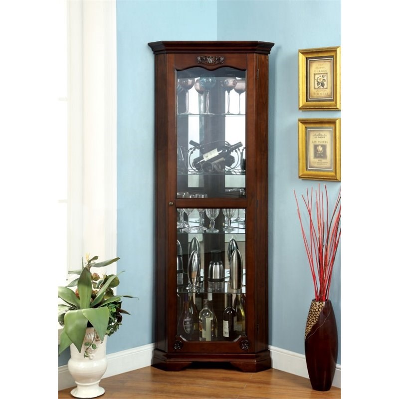 Furniture of America Lennie Glass Door Corner Curio in Walnut