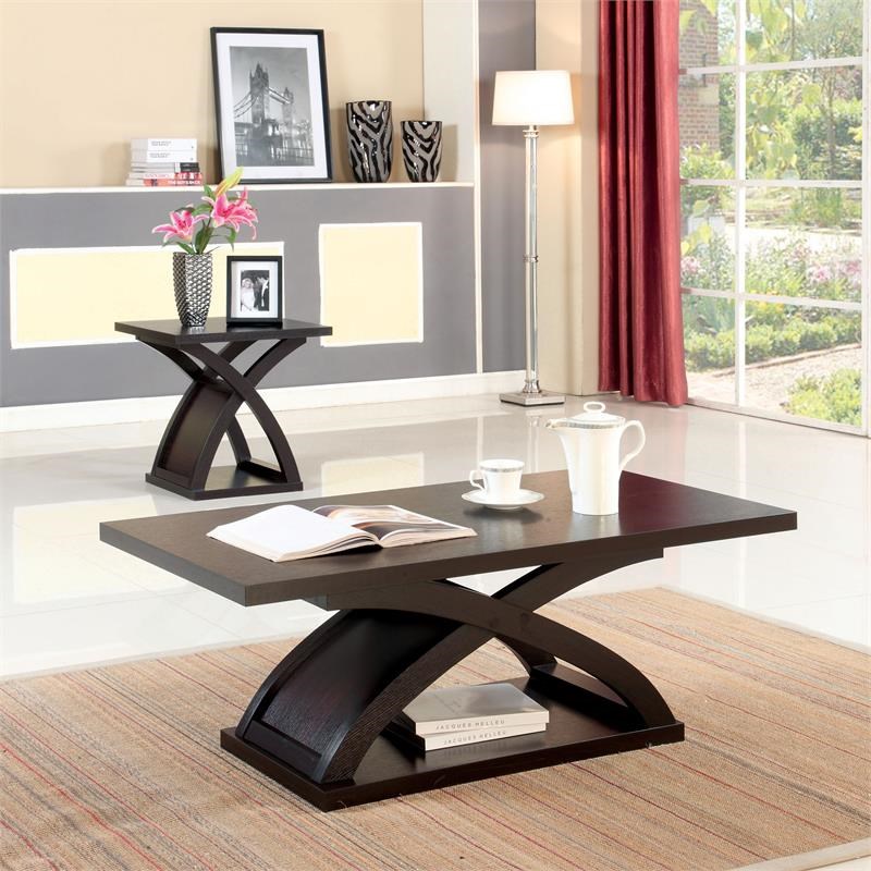 Furniture of America Porthos Solid Wood 2-Piece Coffee Table Set in Espresso