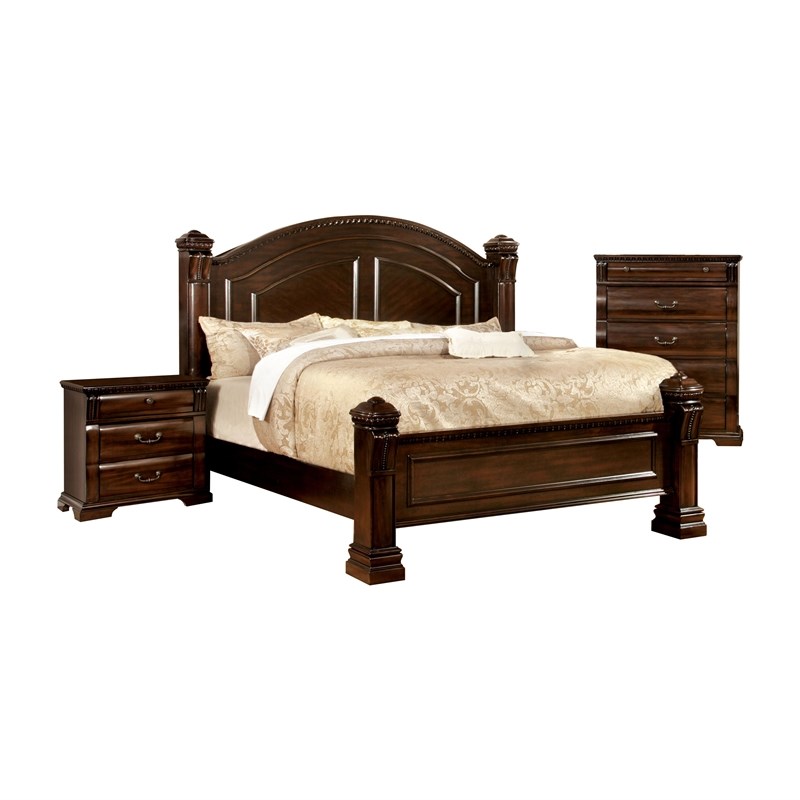 FOA Oulette 3pc Cherry Solid Wood Bedroom Set - King + Nightstand + Chest