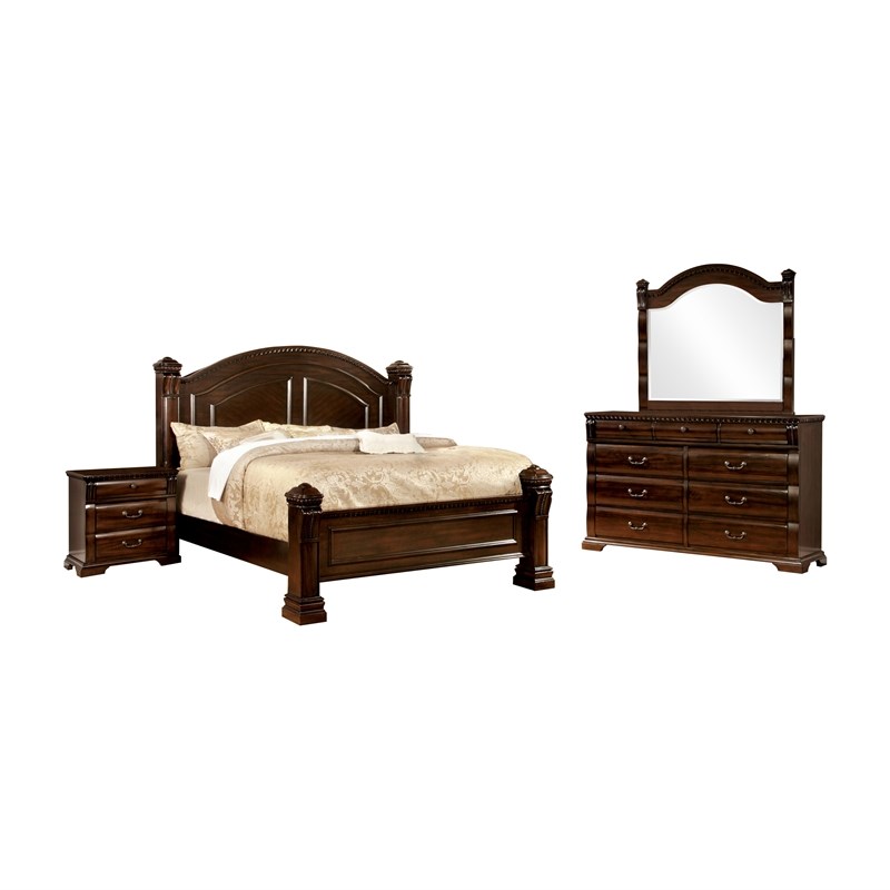 FOA Oulette 4pc Cherry Solid Wood Bedroom Set-King+Nightstand+Dresser+Mirror