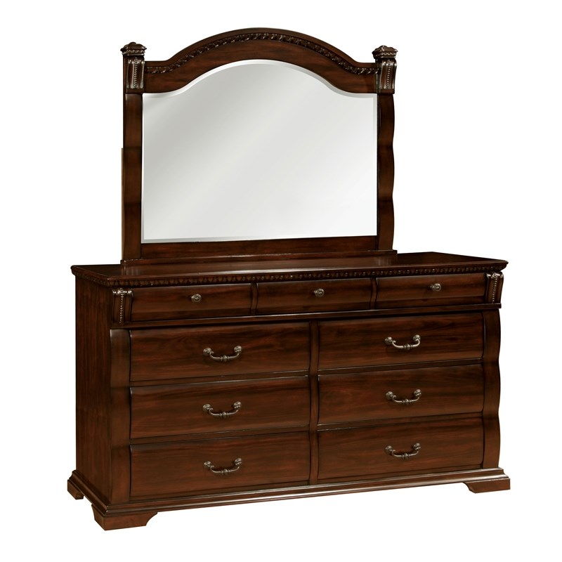 FOA Oulette 4pc Cherry Solid Wood Bedroom Set-King+Nightstand+Dresser+Mirror