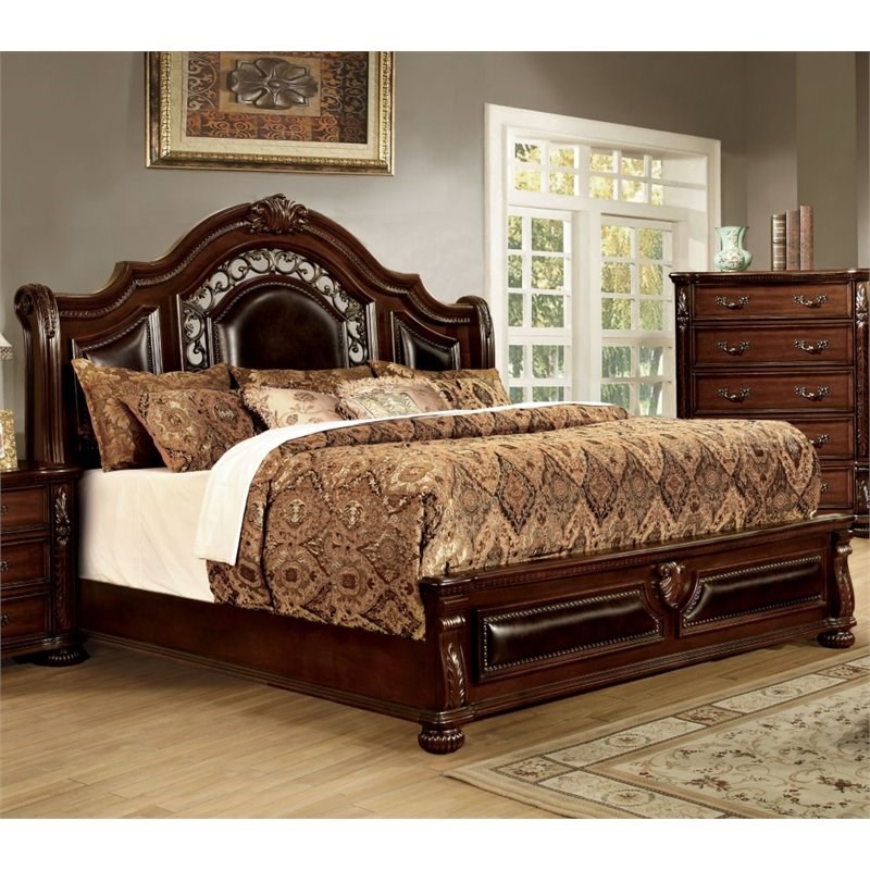 Furniture of America Eleo Solid Wood Panel Queen Bed in Brown Cherry